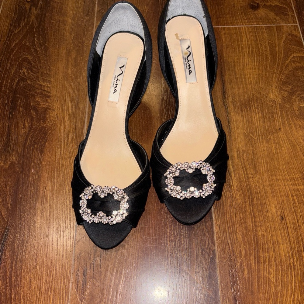 Nina Black Satin D'Orsay Mules with Crystal Floral Buckles